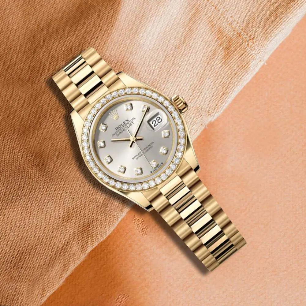Rolex Lady Datejust 28mm - Ref: 279138rbr-0019 - Silver Dial, 18K Yellow Gold President Bracelet Women's Watch