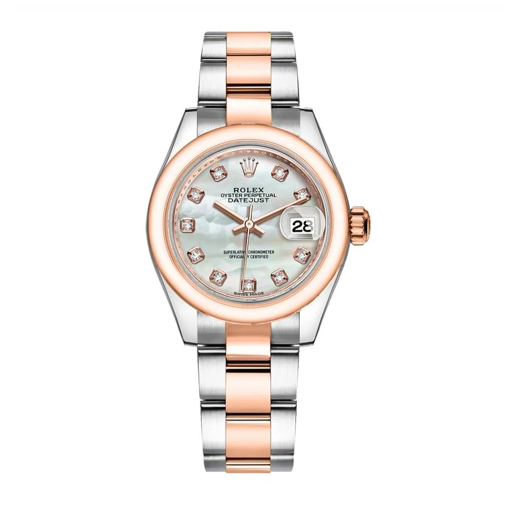 Rolex Lady-Datejust 28mm - Ref: 279161-0014 - White Mother of Pearl Diamond Dial, Two Tone Stainless Steel & 18K Rose Gold Oyster Bracelet Women's Watch
