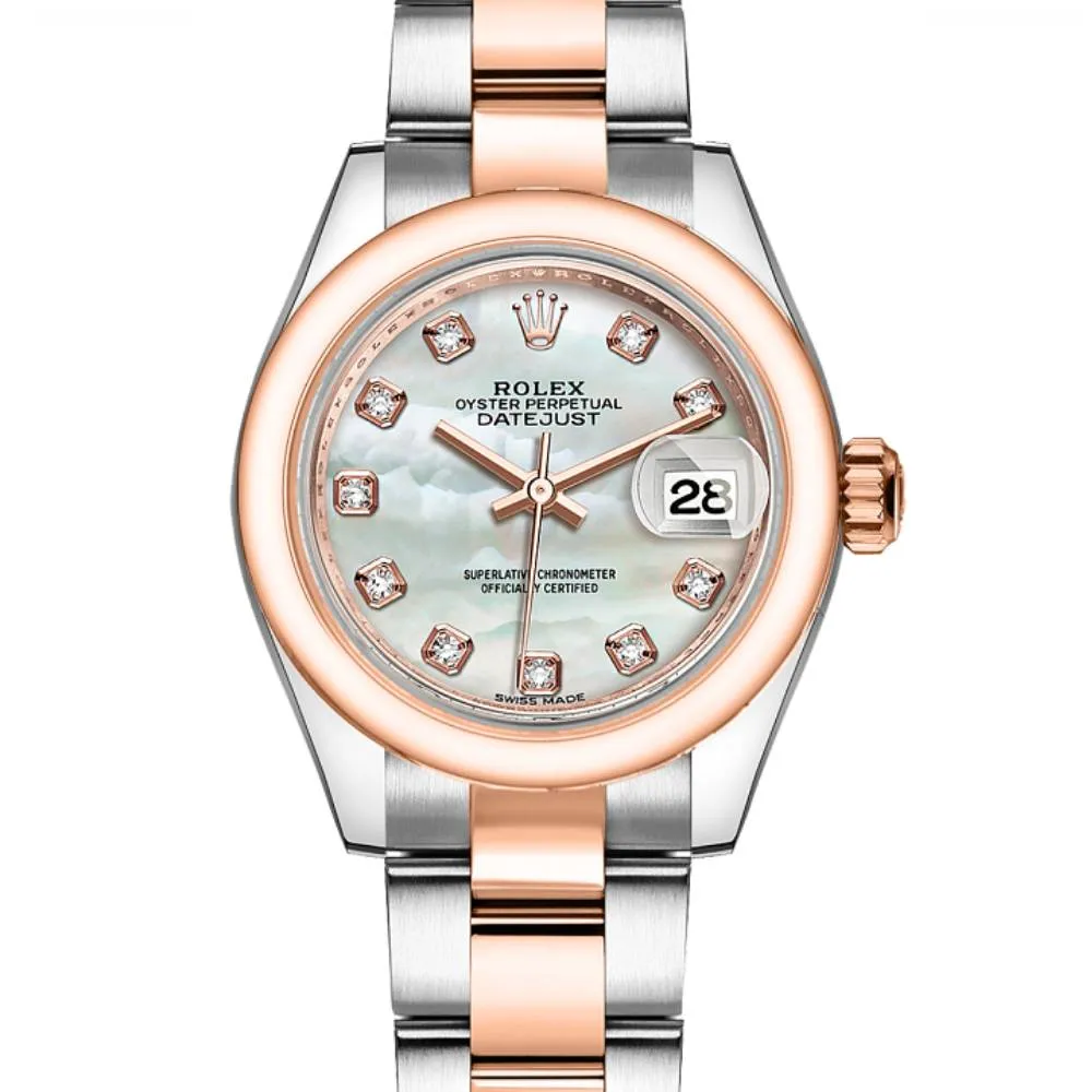 Rolex Lady-Datejust 28mm - Ref: 279161-0014 - White Mother of Pearl Diamond Dial, Two Tone Stainless Steel & 18K Rose Gold Oyster Bracelet Women's Watch