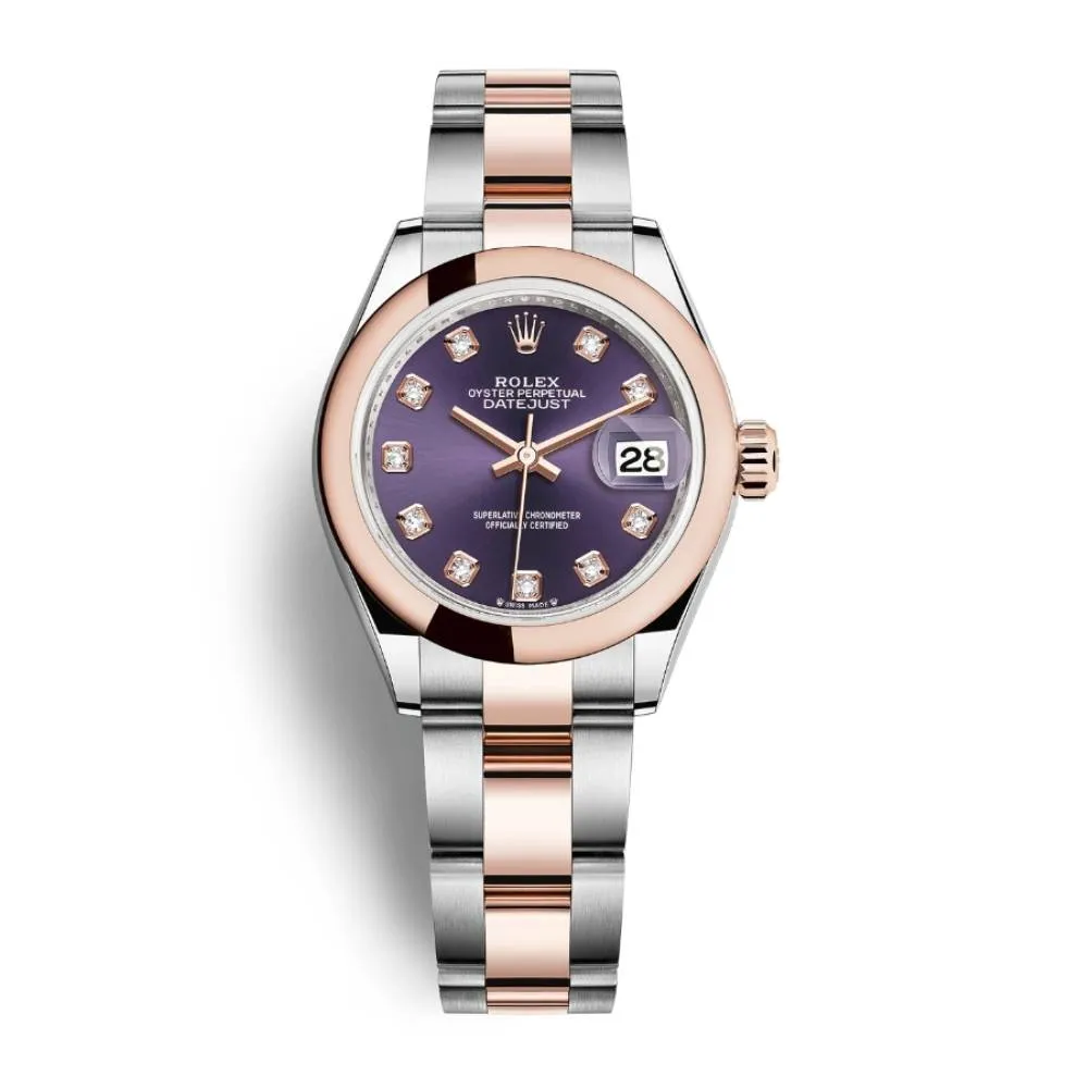 Rolex Lady-Datejust 28mm - Ref: 279161-0016 - Aubergine Purple Diamond Dial, Two Tone Stainless Steel & 18K Rose Gold Oyster Bracelet Women's Watch