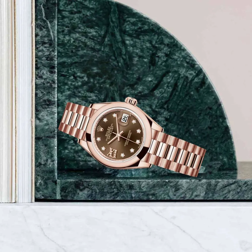 Rolex Lady Datejust 28mm - Ref: 279165-0002 - Chocolate Diamond Dial, 18K Rose Gold President Bracelet Women's Watch