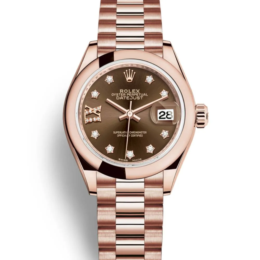 Rolex Lady Datejust 28mm - Ref: 279165-0002 - Chocolate Diamond Dial, 18K Rose Gold President Bracelet Women's Watch