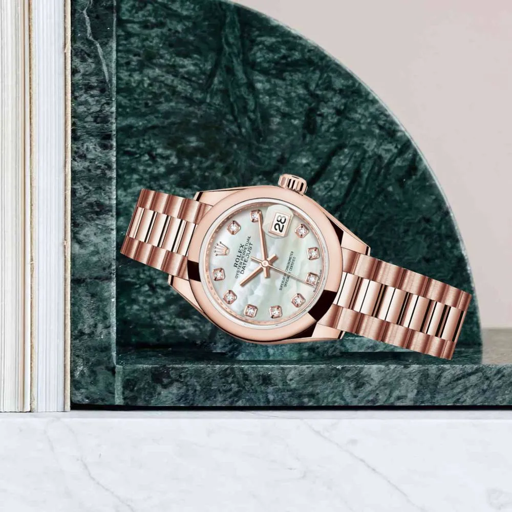 Rolex Lady Datejust 28mm - Ref: 279165-0017 - White Mother of Pearl Dial, 18K Rose Gold President Bracelet Women's Watch