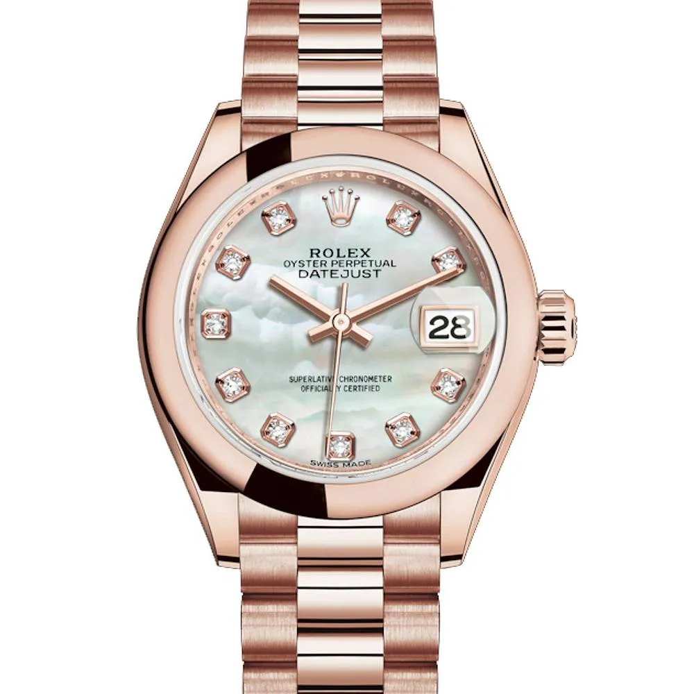 Rolex Lady Datejust 28mm - Ref: 279165-0017 - White Mother of Pearl Dial, 18K Rose Gold President Bracelet Women's Watch