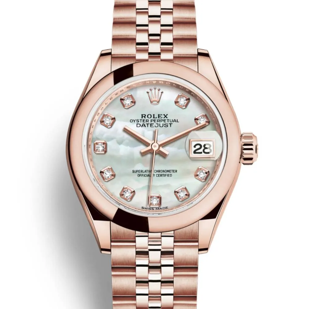 Rolex Lady Datejust 28mm - Ref: 279165-0018 - White Mother of Pearl Dial, 18K Rose Gold Jubilee Bracelet Women's Watch
