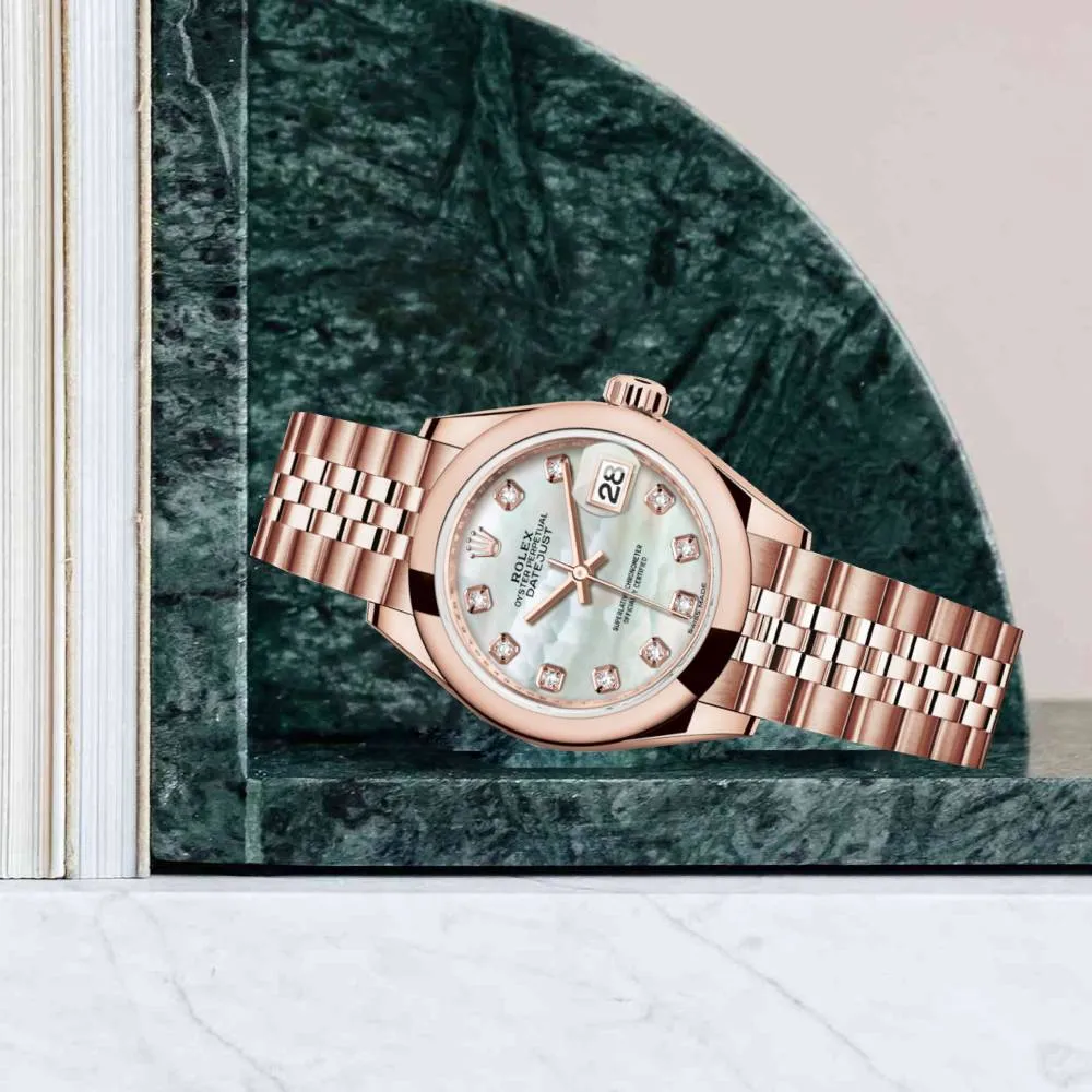 Rolex Lady Datejust 28mm - Ref: 279165-0018 - White Mother of Pearl Dial, 18K Rose Gold Jubilee Bracelet Women's Watch