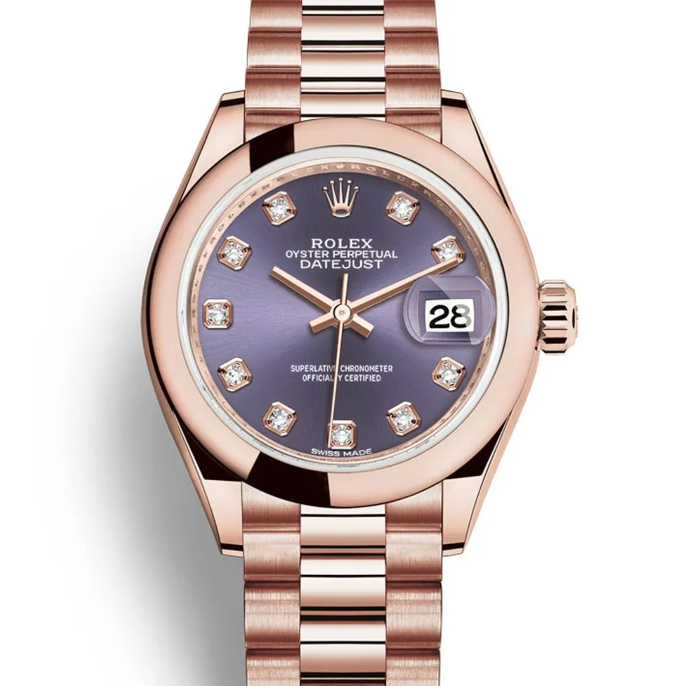 Rolex Lady-Datejust 28mm - Ref: 279165-0019 - Aubergine Purple Diamond Dial, 18K Rose Gold President Bracelet Women's Watch