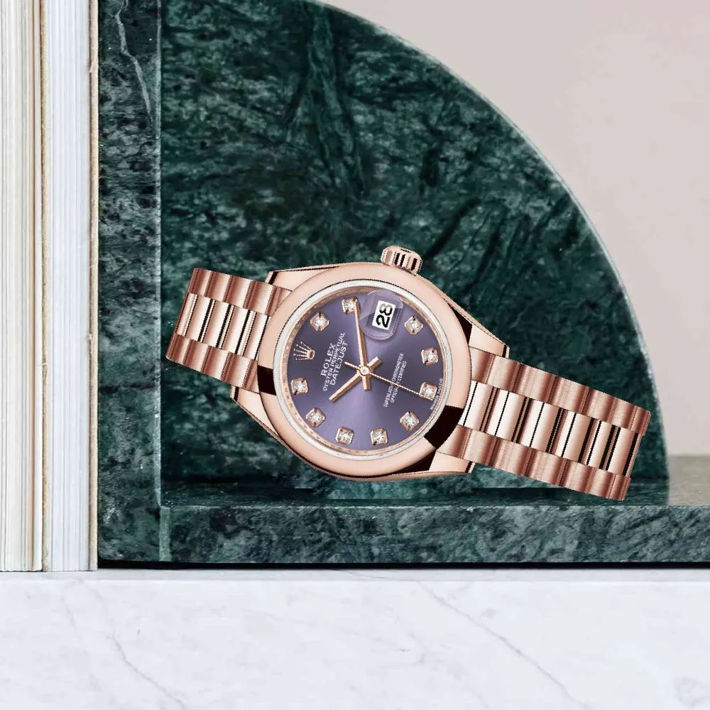 Rolex Lady-Datejust 28mm - Ref: 279165-0019 - Aubergine Purple Diamond Dial, 18K Rose Gold President Bracelet Women's Watch