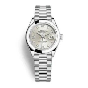 Rolex Lady-Datejust 28mm - Ref: 279166-0001 - Silver Diamond Dial, Platinum President Bracelet Women's Watch