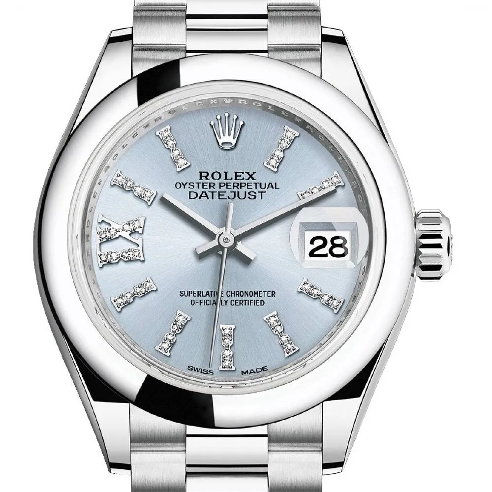 Rolex Lady-Datejust 28mm - Ref: 279166-0002 - Ice Blue Roman Diamond Dial, Platinum President Bracelet Women's Watch