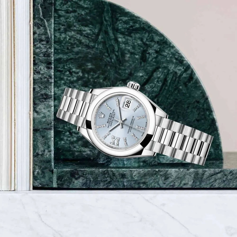 Rolex Lady-Datejust 28mm - Ref: 279166-0002 - Ice Blue Roman Diamond Dial, Platinum President Bracelet Women's Watch