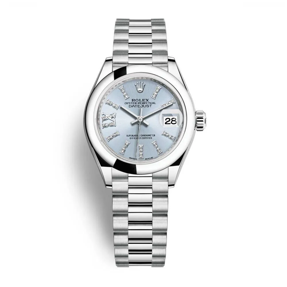 Rolex Lady-Datejust 28mm - Ref: 279166-0002 - Ice Blue Roman Diamond Dial, Platinum President Bracelet Women's Watch