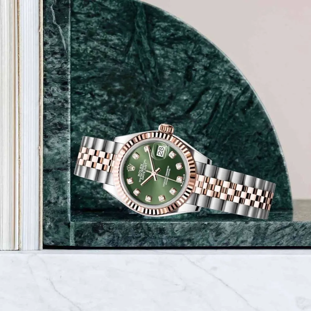 Rolex Lady-Datejust 28mm - Ref: 279171-0007 - Olive Green Diamond Dial, Two Tone Stainless Steel & 18K Rose Gold Jubilee Bracelet Women's Watch