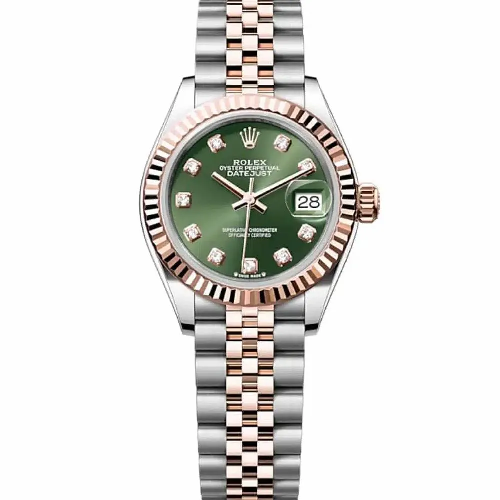 Rolex Lady-Datejust 28mm - Ref: 279171-0007 - Olive Green Diamond Dial, Two Tone Stainless Steel & 18K Rose Gold Jubilee Bracelet Women's Watch