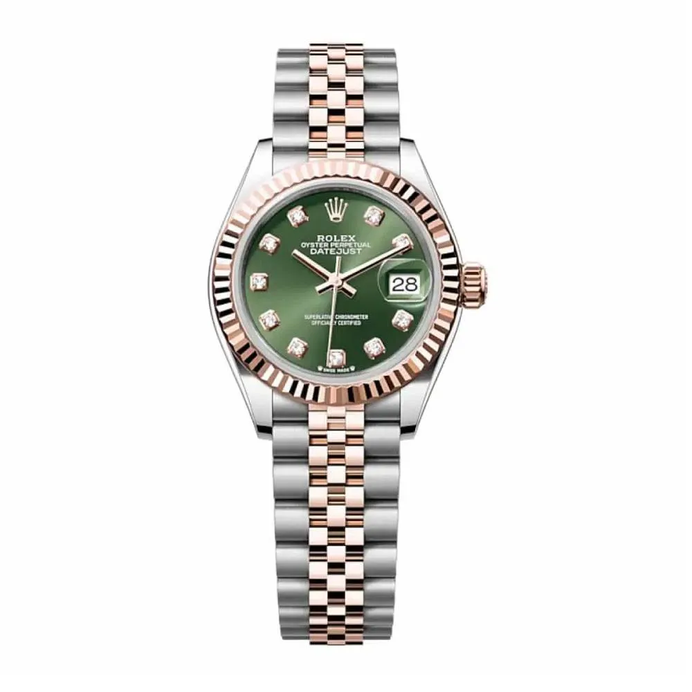 Rolex Lady-Datejust 28mm - Ref: 279171-0007 - Olive Green Diamond Dial, Two Tone Stainless Steel & 18K Rose Gold Jubilee Bracelet Women's Watch