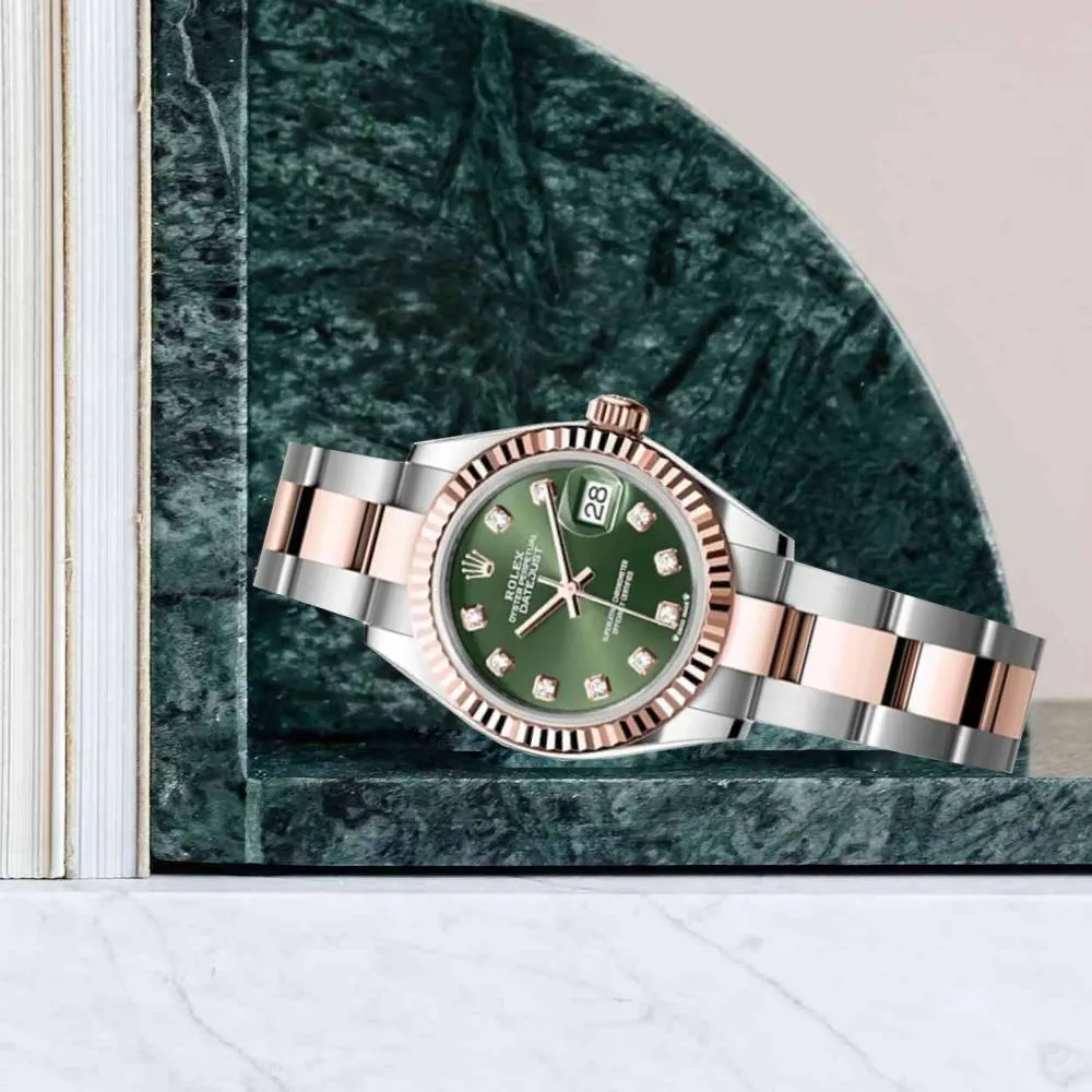 Rolex Lady-Datejust 28mm - Ref: 279171-0008 - Olive Green Diamond Dial, Two Tone Stainless Steel & 18K Rose Gold Oyster Bracelet Women's Watch