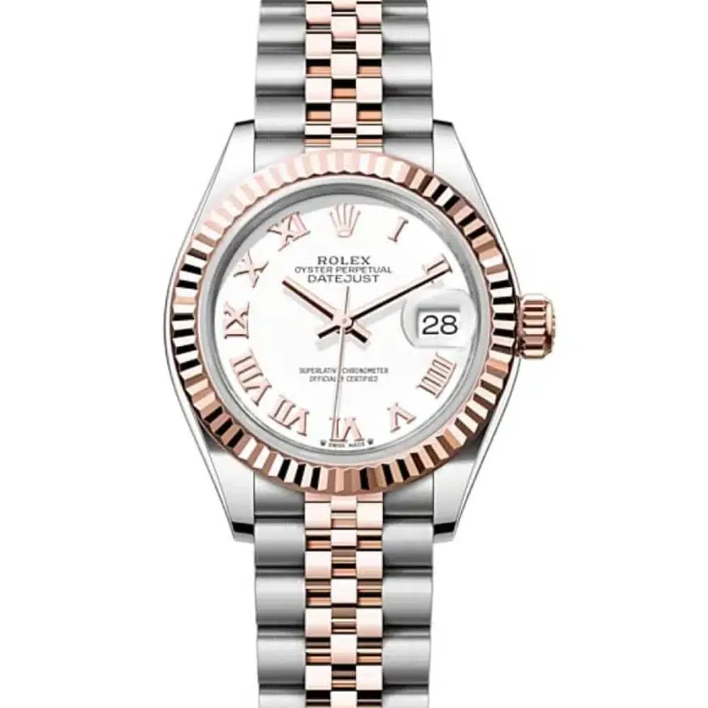 Rolex Lady-Datejust 28mm - Ref: 279171-0021 - White Roman Dial, Two Tone Stainless Steel & 18K Rose Gold Jubilee Bracelet Women's Watch