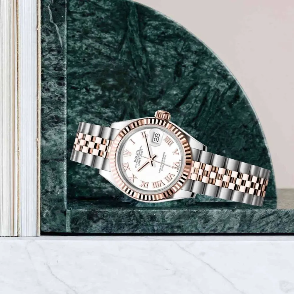 Rolex Lady-Datejust 28mm - Ref: 279171-0021 - White Roman Dial, Two Tone Stainless Steel & 18K Rose Gold Jubilee Bracelet Women's Watch