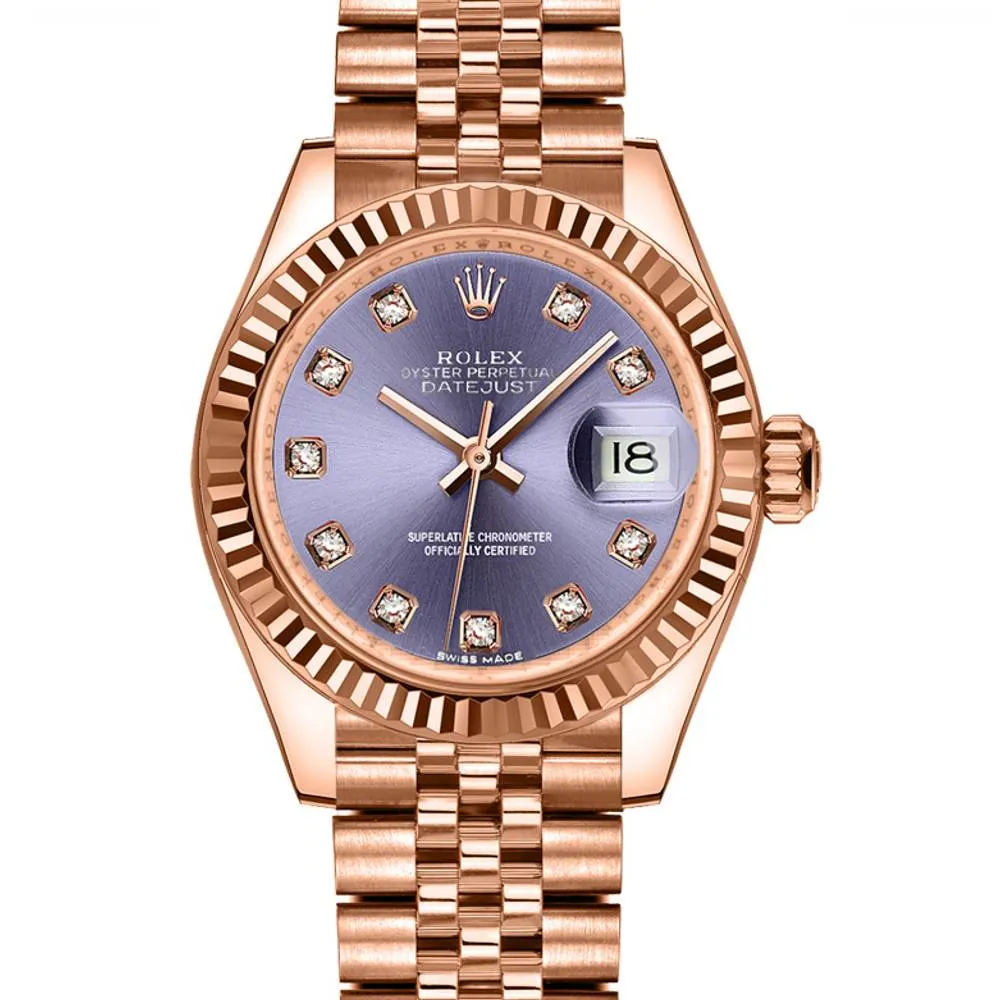 Rolex Lady Datejust 28mm - Ref: 279175-0020 - Aubergine Purple Dial, 18K Rose Gold Jubilee Bracelet Women's Watch