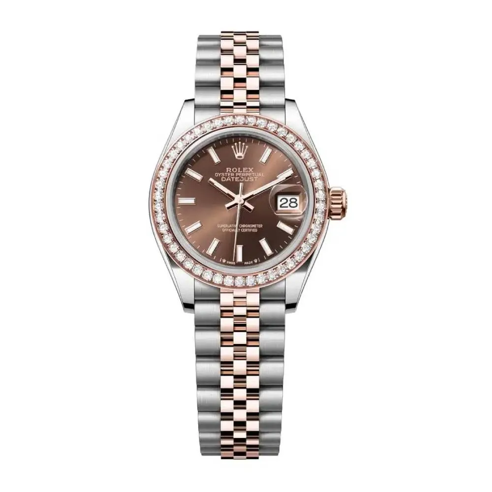 Rolex Lady-Datejust 28mm - Ref: 279381rbr-0017 - Chocolate Stick Dial & Diamond Bezel, Two Tone Stainless Steel & 18K Rose Gold Jubilee Bracelet Women's Watch
