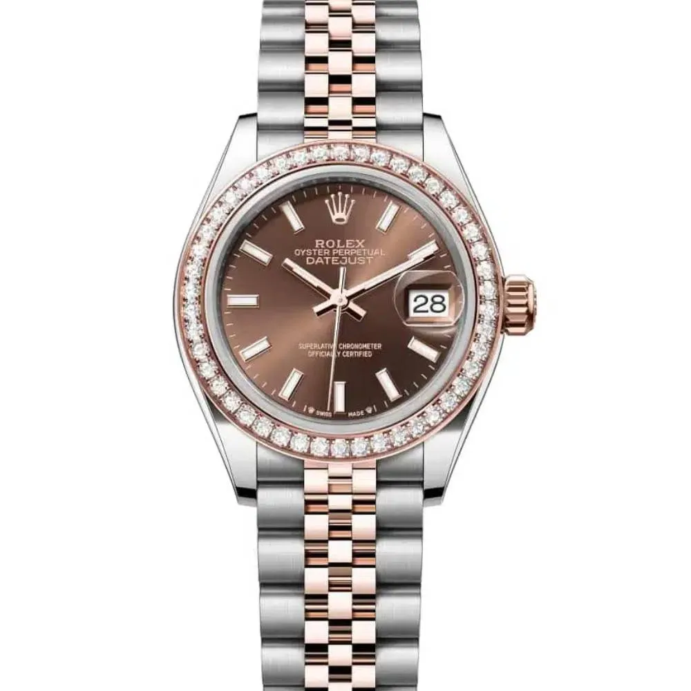 Rolex Lady-Datejust 28mm - Ref: 279381rbr-0017 - Chocolate Stick Dial & Diamond Bezel, Two Tone Stainless Steel & 18K Rose Gold Jubilee Bracelet Women's Watch