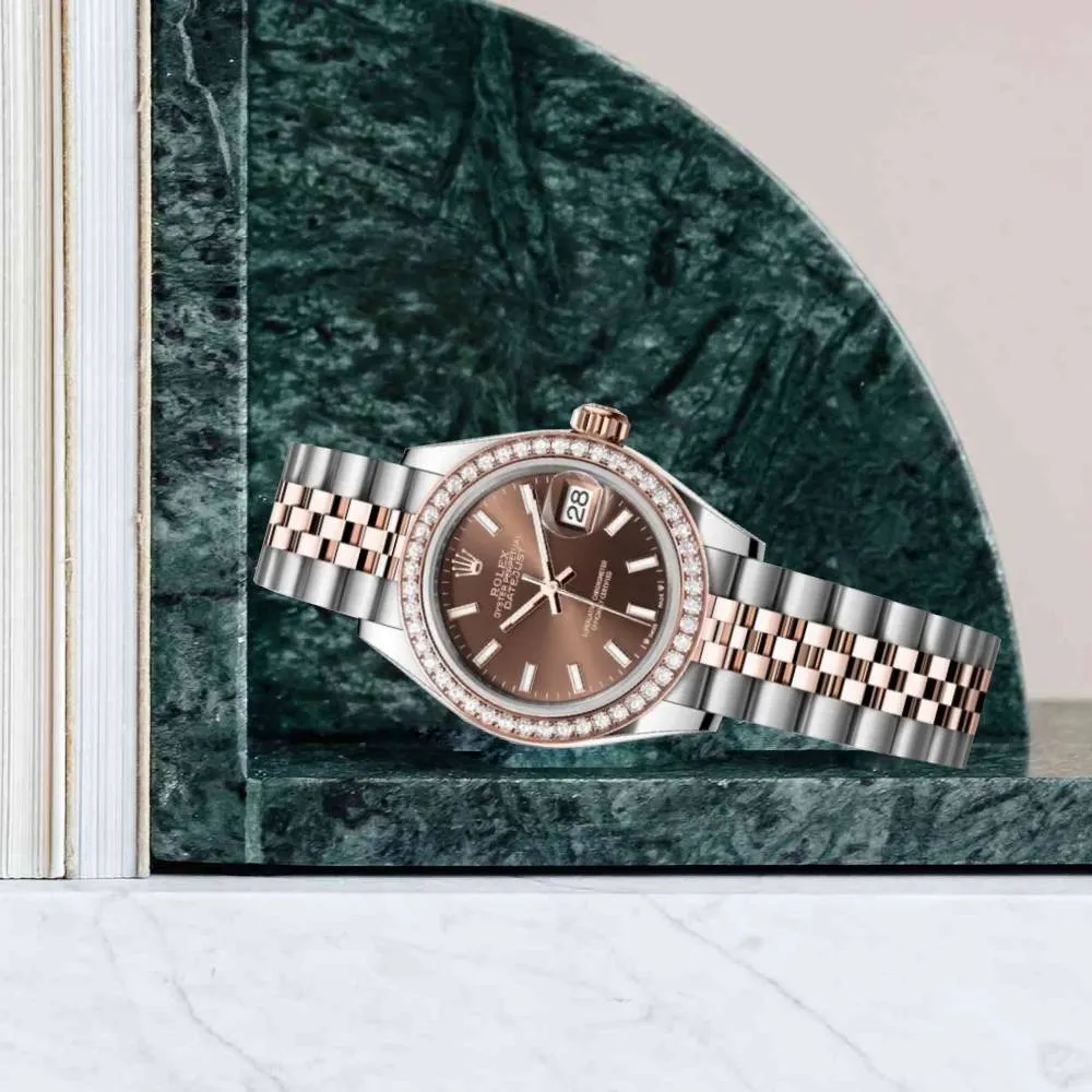Rolex Lady-Datejust 28mm - Ref: 279381rbr-0017 - Chocolate Stick Dial & Diamond Bezel, Two Tone Stainless Steel & 18K Rose Gold Jubilee Bracelet Women's Watch