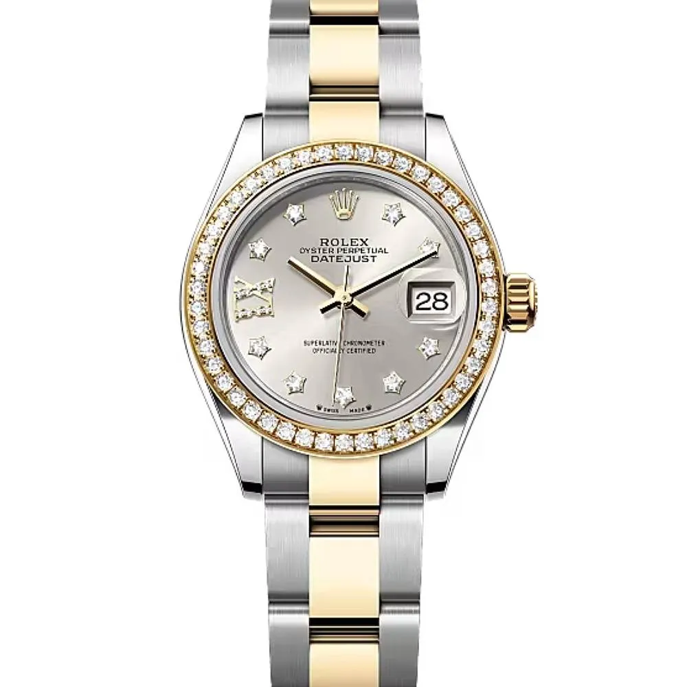 Rolex Lady-Datejust 28mm - Ref: 279383rbr-0004 - Silver Diamond Dial & Diamond Bezel, Two Tone Stainless Steel & 18K Yellow Gold Oyster Bracelet Women's Watch