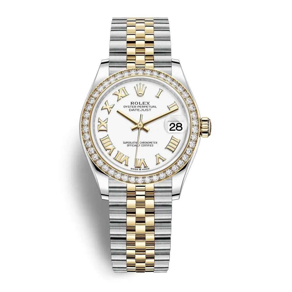 Rolex Lady-Datejust 28mm - Ref: 279383rbr-0023 - White Roman Dial & Diamond Bezel, Two Tone Stainless Steel & 18K Yellow Gold Jubilee Bracelet Women's Watch