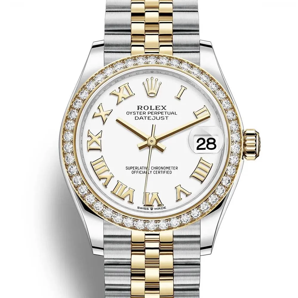 Rolex Lady-Datejust 28mm - Ref: 279383rbr-0023 - White Roman Dial & Diamond Bezel, Two Tone Stainless Steel & 18K Yellow Gold Jubilee Bracelet Women's Watch