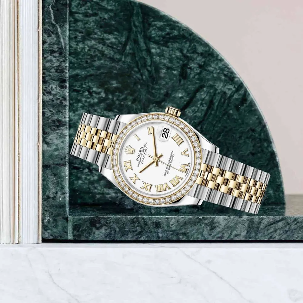 Rolex Lady-Datejust 28mm - Ref: 279383rbr-0023 - White Roman Dial & Diamond Bezel, Two Tone Stainless Steel & 18K Yellow Gold Jubilee Bracelet Women's Watch