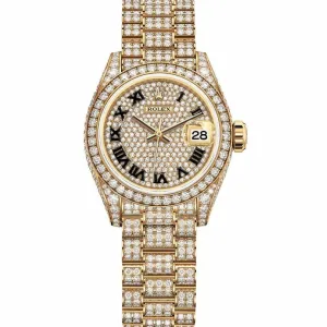 Rolex Lady Datejust 28mm - Ref: 279458rbr-0001 - Diamond Pave Dial & Diamond Bezel, 18K Rose Gold President Diamond Bracelet Women's Watch