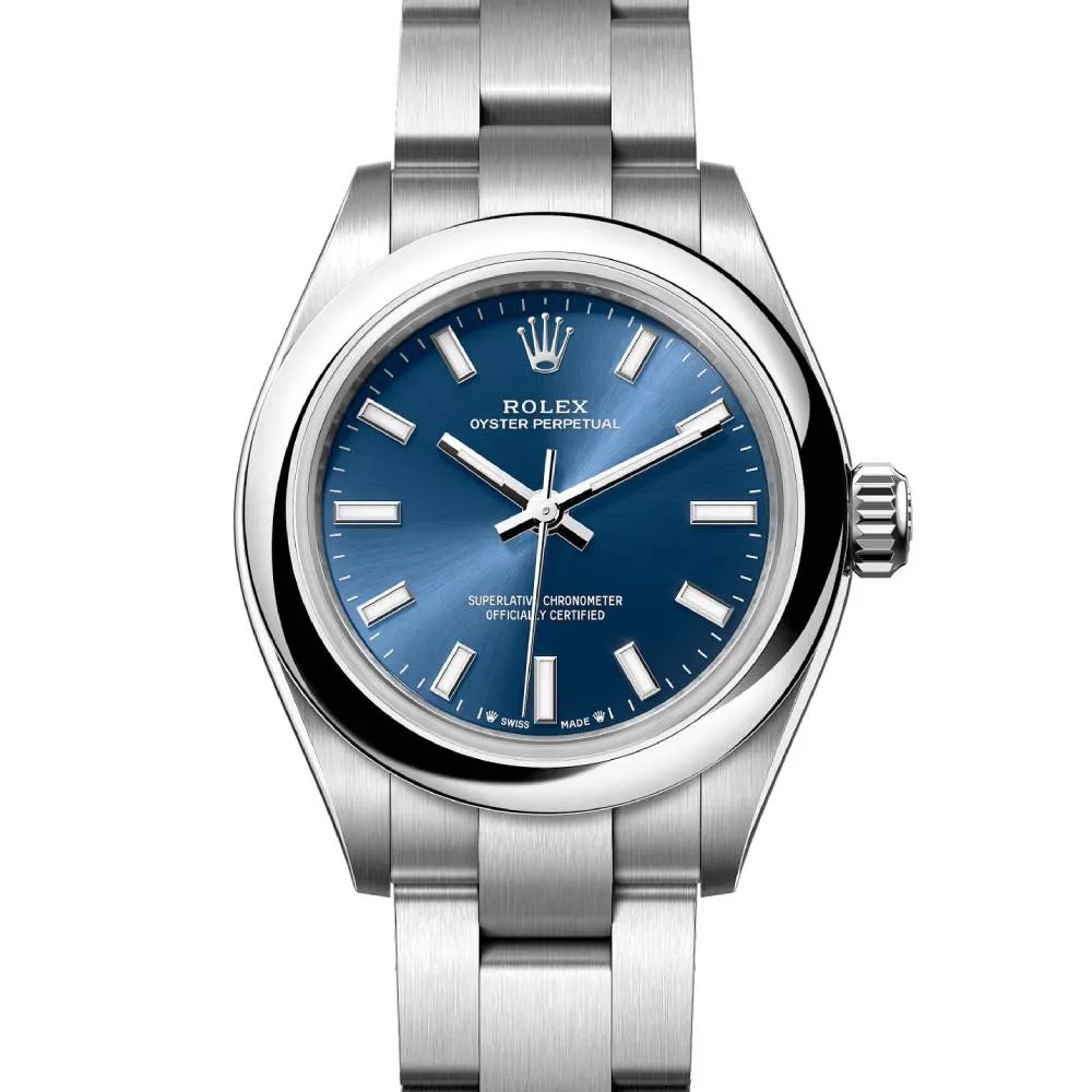 Rolex Oyster Perpetual 28mm - Ref: 276200-0003 - Bright Blue Stick Dial, Stainless Steel Oyster Bracelet Women's Watch