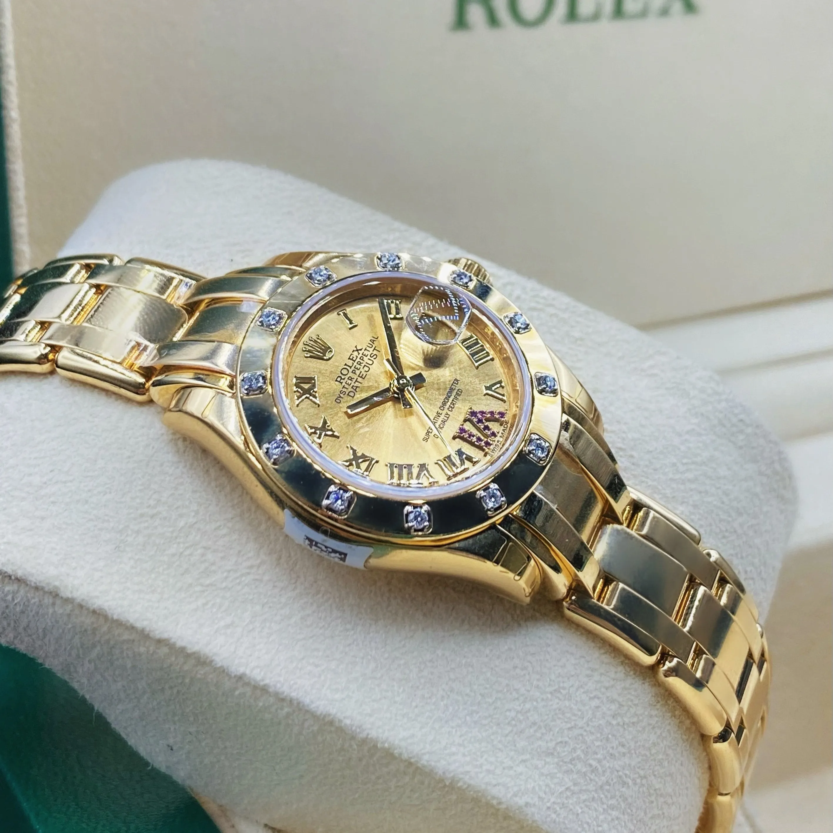 Rolex Pearlmaster 29mm - Ref: 80318-0163 - Champagne Roman Diamond Dial & Diamond Bezel, 18K Yellow Gold Bracelet Women's Watch