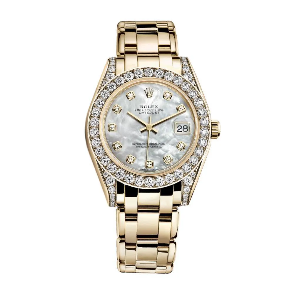 Rolex Pearlmaster 34mm - Ref: 81158-0001 - White mother of Pearl Diamond Dial, Diamond Bezel & Diamond Case, 18K Yellow Gold Bracelet Women's Watch
