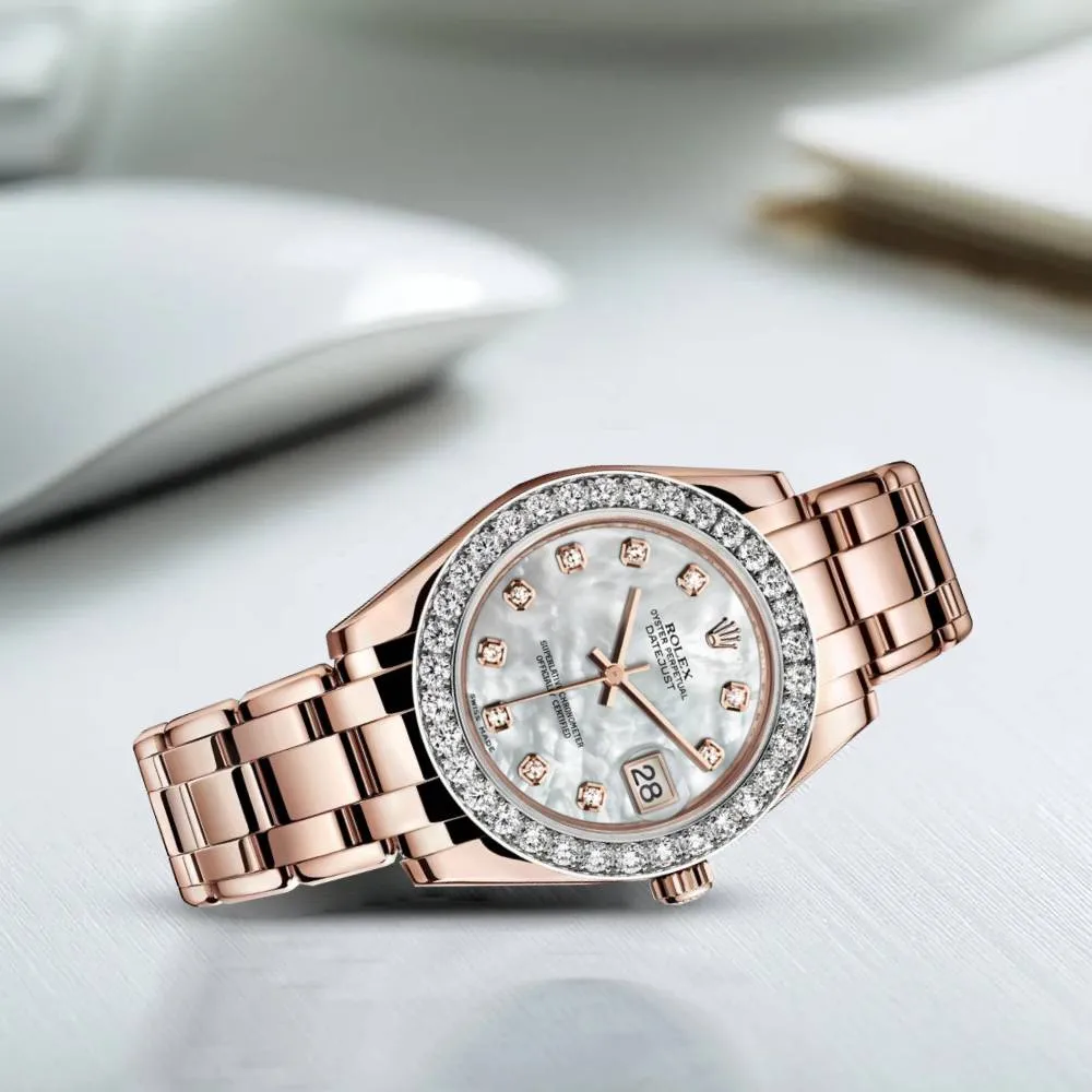 Rolex Pearlmaster 34mm - Ref: 81285-0017 - White mother of Pearl Diamond Dial & Diamond Bezel, 18K Rose Gold Bracelet Women's Watch