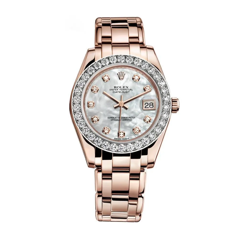 Rolex Pearlmaster 34mm - Ref: 81285-0017 - White mother of Pearl Diamond Dial & Diamond Bezel, 18K Rose Gold Bracelet Women's Watch