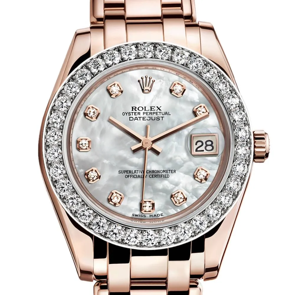 Rolex Pearlmaster 34mm - Ref: 81285-0017 - White mother of Pearl Diamond Dial & Diamond Bezel, 18K Rose Gold Bracelet Women's Watch
