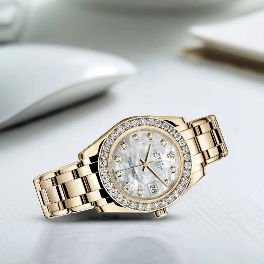 Rolex Pearlmaster 34mm - Ref: 81298-0002 - White mother of Pearl Diamond Dial & Diamond Bezel, 18K Yellow Gold Bracelet Women's Watch