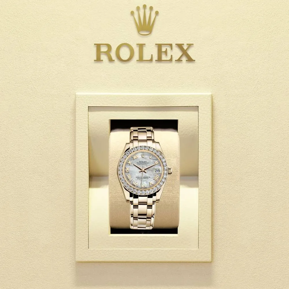Rolex Pearlmaster 34mm - Ref: 81298-0004 - White mother of Pearl Roman Diamond Dial & Diamond Bezel, 18K Yellow Gold Bracelet Women's Watch