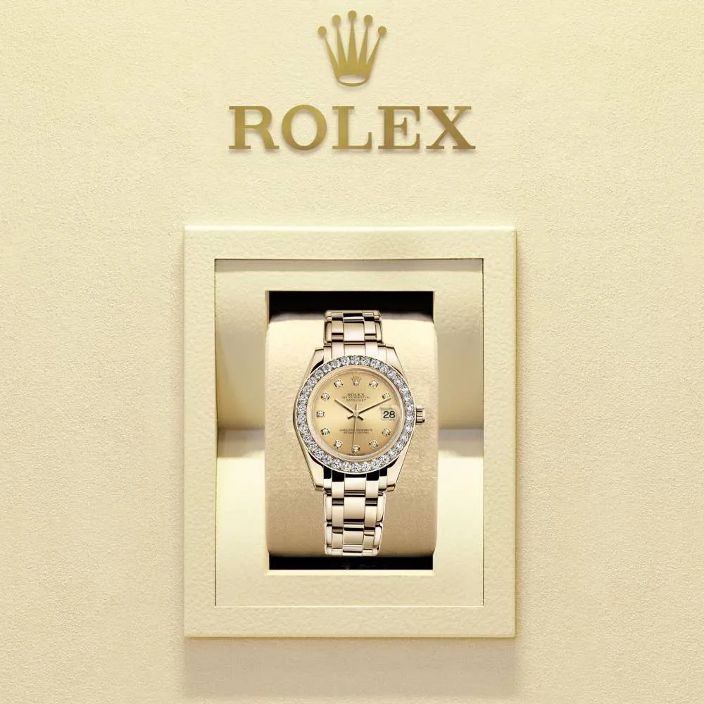 Rolex Pearlmaster 34mm - Ref: 81298-0005 - Champagne Diamond Dial & Diamond Bezel, 18K Yellow Gold Bracelet Women's Watch