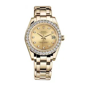 Rolex Pearlmaster 34mm - Ref: 81298-0005 - Champagne Diamond Dial & Diamond Bezel, 18K Yellow Gold Bracelet Women's Watch