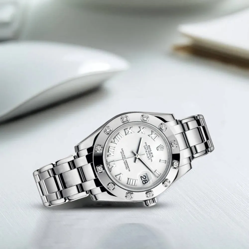Rolex Pearlmaster 34mm - Ref: 81319-0008 - White Roman Dial & Diamond Bezel, 18K White Gold Bracelet Women's Watch