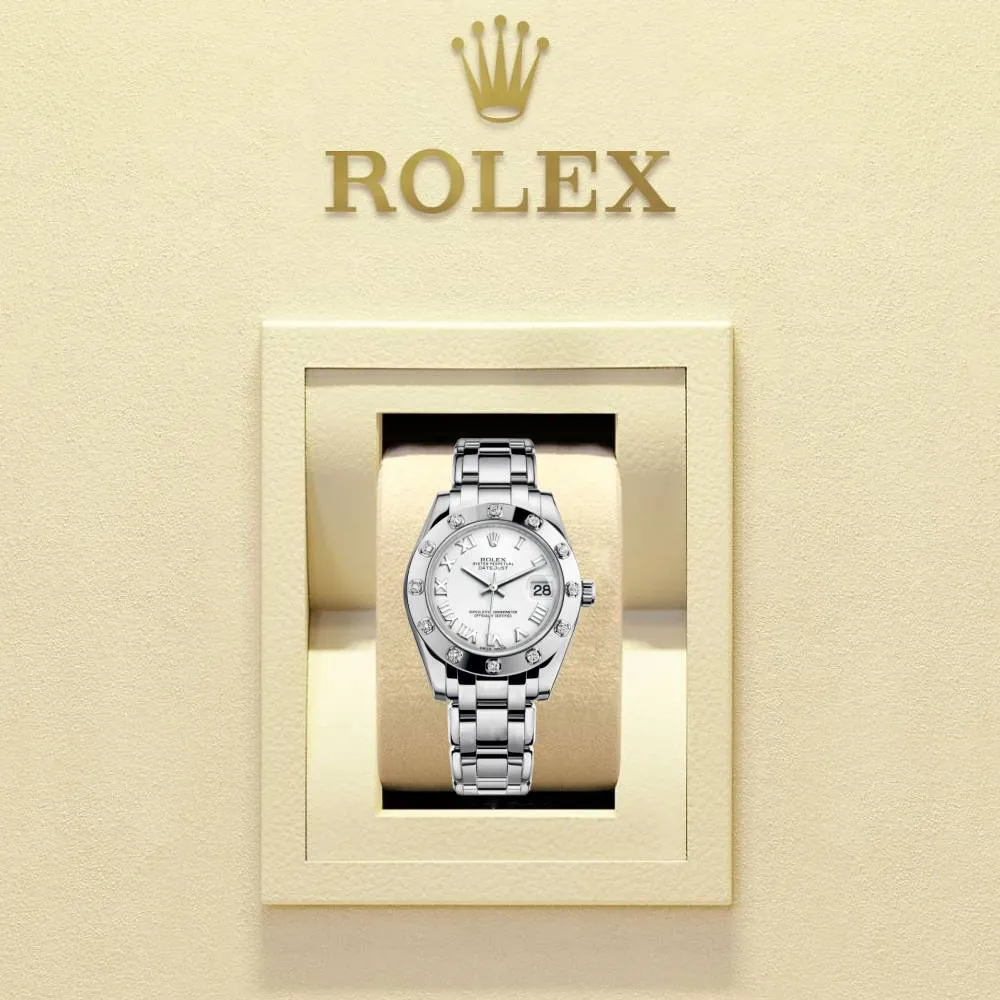 Rolex Pearlmaster 34mm - Ref: 81319-0008 - White Roman Dial & Diamond Bezel, 18K White Gold Bracelet Women's Watch