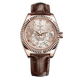 Rolex Sky-Dweller 42mm - Ref: 326138SD - Sundust Sunray Roman Dial, 18K Rose Gold & Brown Leather Strap Watch