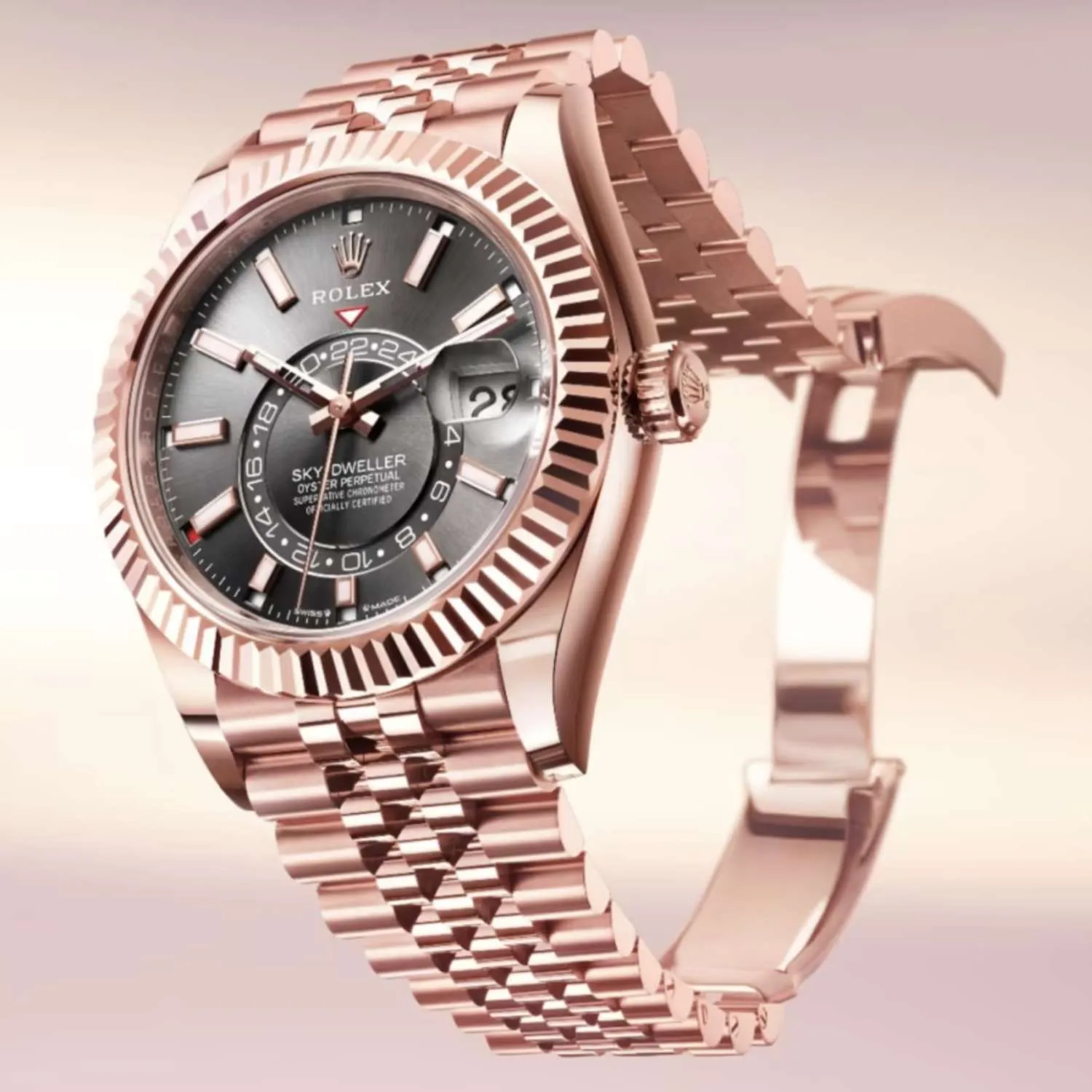 Rolex Sky-Dweller 42mm - Ref: 336935-0008 - Slate Grey Stick Dial, 18K Rose Gold Jubilee Bracelet Watch