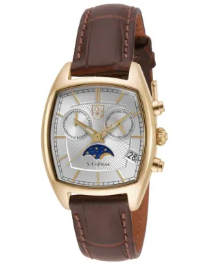 S.Coifman Womens Tonneau Moonphase Chronograph - Gold-Tone - Brown Leather Strap
