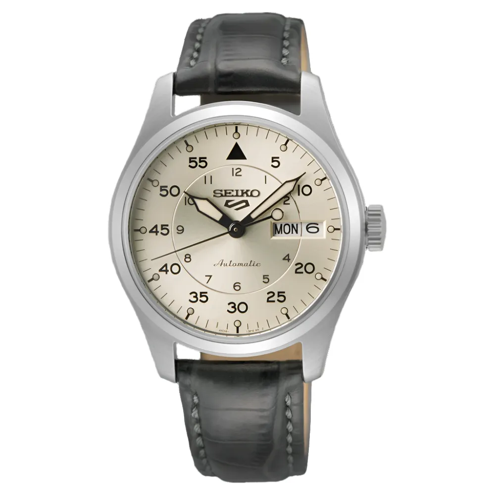 Seiko 5 Automatic Sports Beige Dial Black Leather Strap Watch SRPJ87K