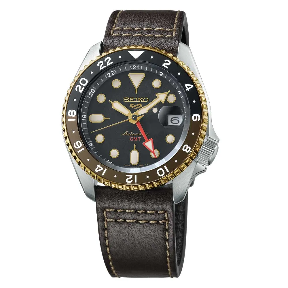 Seiko 5 Sports Automatic GMT SKX Sports Style Brown Calfskin Leather Strap Watch SSK036K1