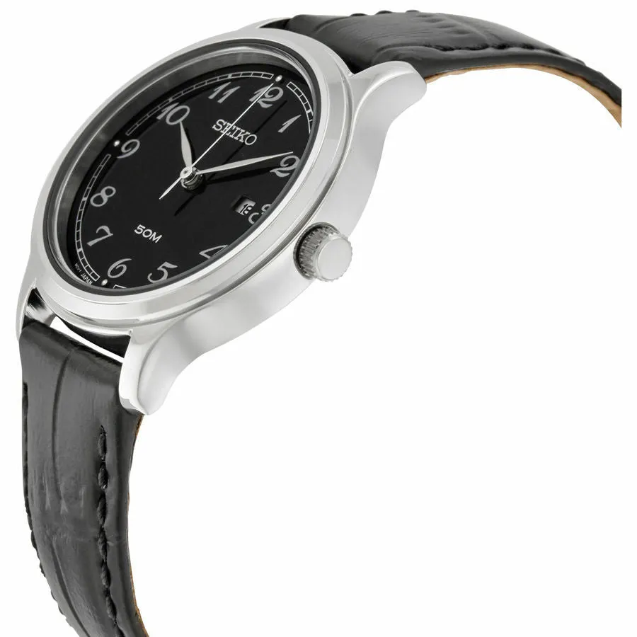 Seiko Black Dial Black Leather Womens Watch