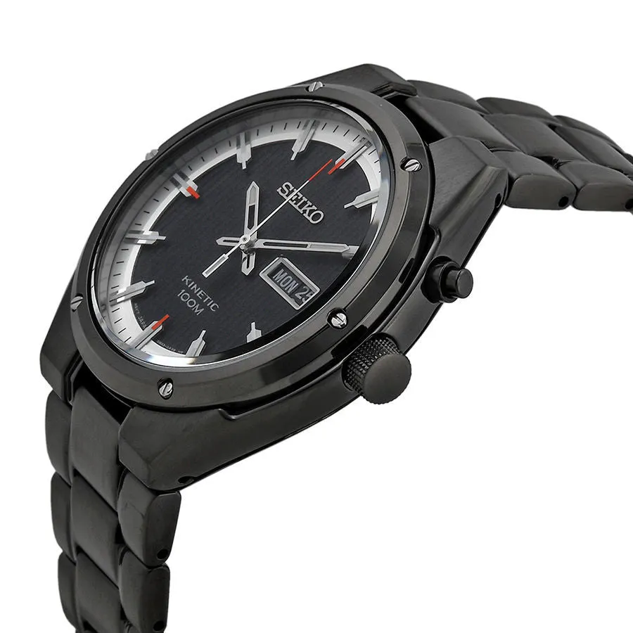 Seiko Kinetic Black And White Dial Black Ion-Plated Mens Watch